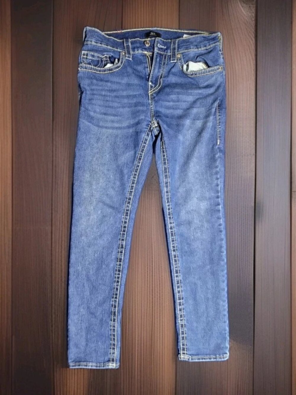 True Religion Rocco Relaxed Skinny Jeans Size 32 Blue Horseshoe Stitch
